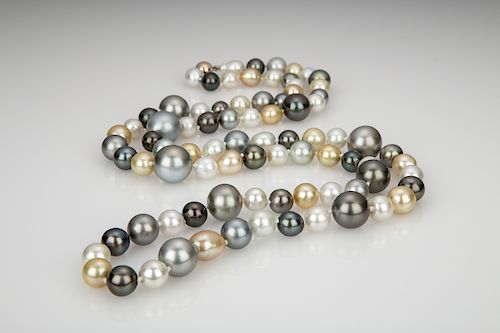 Fine 9mm-16mm White, Gold and Grey Tahitian South Sea Pearl Necklace