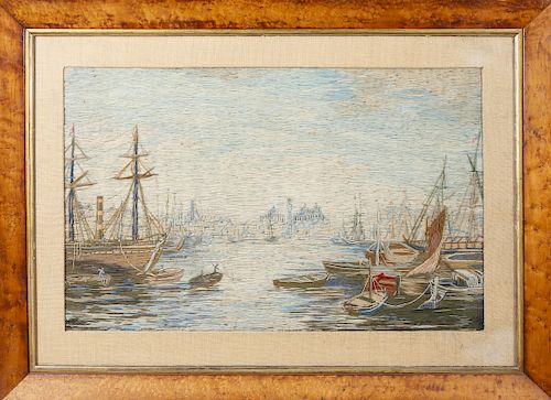 British Woolwork "Active Harbor Scene", 19th Century