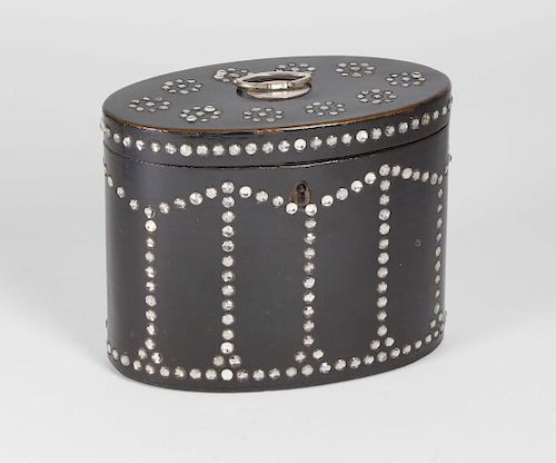 English Black Lacquer and Rhinestone Studded Oval Tea Caddy, 19th Century