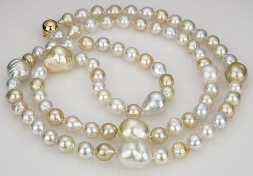 Fine 9mm - 16mm White and Gold South Sea Baroque Pearl Necklace