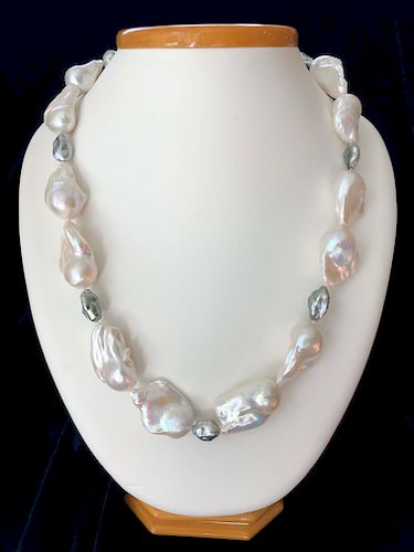 15mm-17mm Cultured White Baroque Fresh Water and Grey Keshi Pearl Necklace