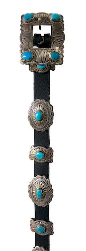 Signed Daniel Martinez Sterling Silver and Turquoise Hand Chased Concho Belt