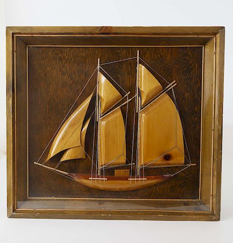 Carved Wood Schooner Shadow Box with Secret Drop Front  Which Reveals Cocktail Bar