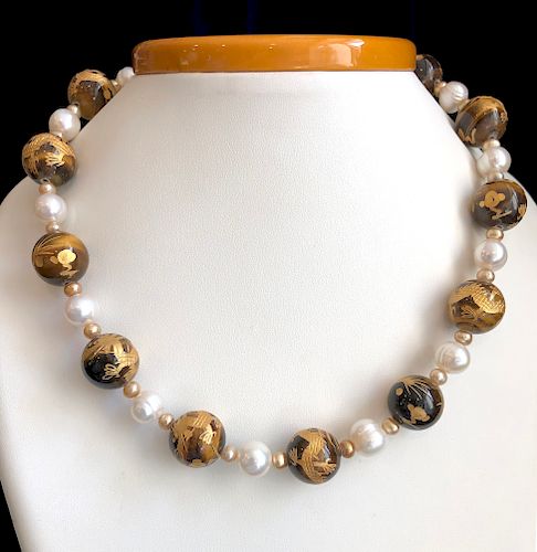 16mm Tiger's Eye Bead Engraved with Gold Necklace with White and Gold Pearls