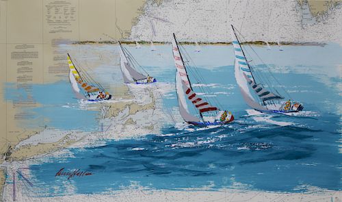 Kerry Hallam Acrylic on Chart "Sailing in Long Island Sound"