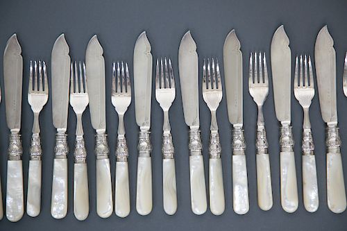 Set of 24 English Mother of Pearl and Silver Plate Fish Knives and Forks, circa 1890