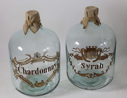 Pair of  Glass Wine Bottles, Chardonnay and Syrah