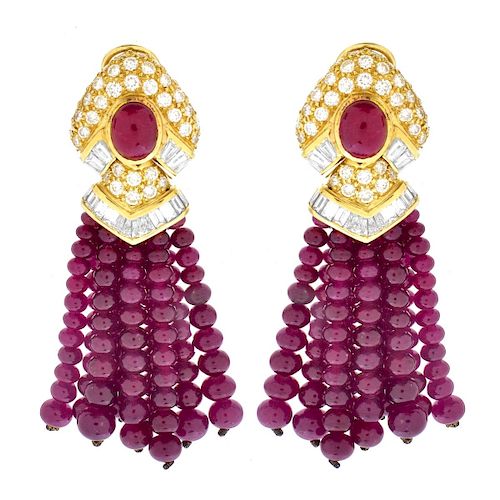 Burma Ruby, Diamond and 18K Gold Earrings