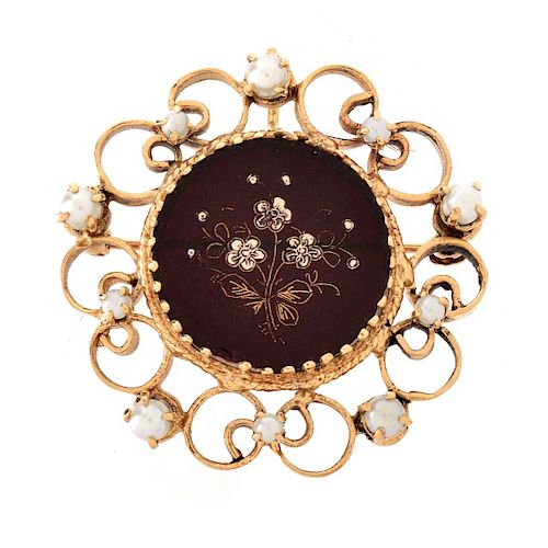 Antique Onyx, Pearl and 14K Brooch