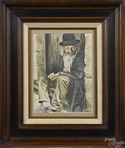 Watercolor portrait of a rabbi, signed indistinct