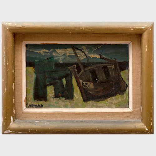 Claude Venard (1913-1999): Chair and Boat on Stormy Beach