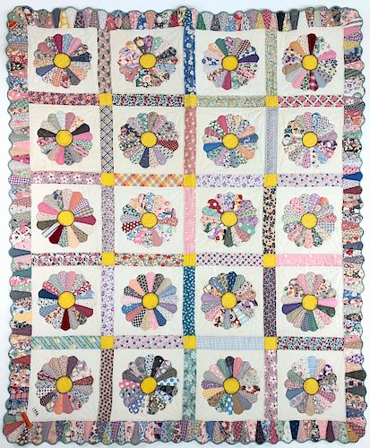 Signed and Dated Multi-color Dresden Plate Patchwork Quilt, circa 1932