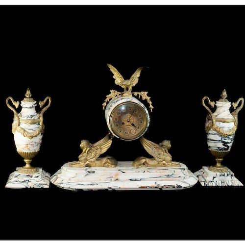 Marble & Gilded Bronze Clock Set