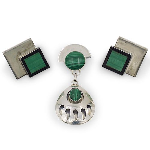 (3 Pc) Sterling and Malachite Jewelry Set
