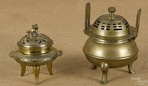 Two Chinese brass incense burners, 7 3/4'' h. and
