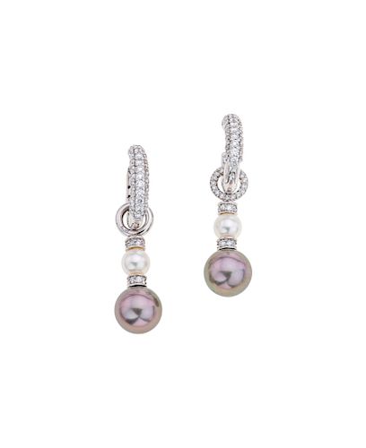 EARRINGS WITH CULTURED PEARLS AND DIAMONDS. 14K WHITE GOLD