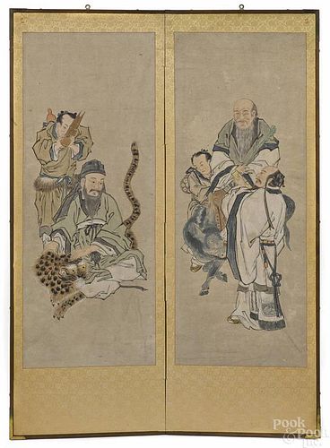 Japanese watercolor folding screen, early 20th c.