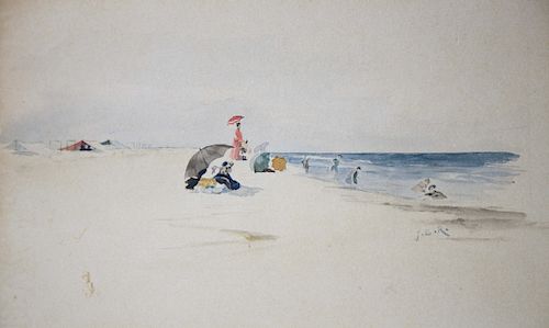 Rare Jane Brewster Reid Watercolor on Artist Board "Nantucket Jetties Beach Bathers