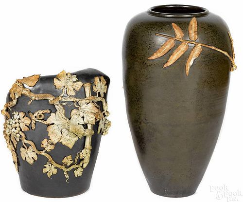 Two Asian earthenware garden urns, 30'' h. and 20''