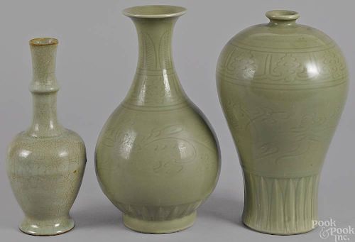 Three Chinese incised celadon vases, tallest - 14
