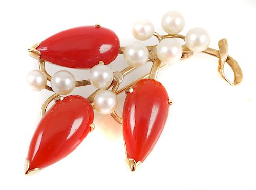Ming's Coral and Pearls 14k Gold Brooch