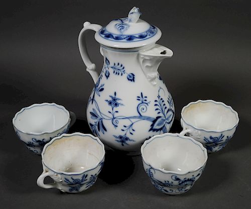 Meissen Blue Onion Teapot and (4) Tea Cups