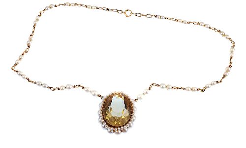 14K Yellow Gold CITRINE & PEARL Necklace
