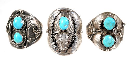 (3) Southwestern Sterling & Turquoise Rings 