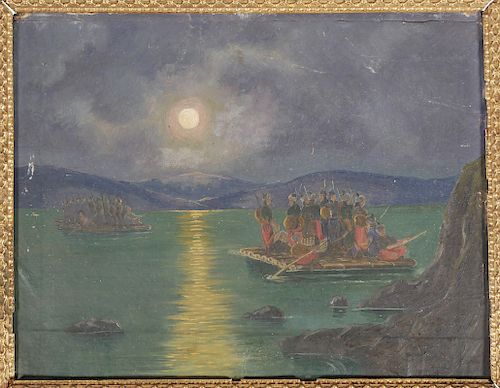 Orientalist Oil on Board, Soldiers in Moonlight