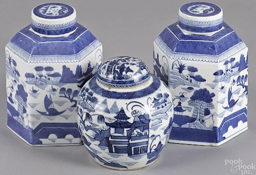 Pair of Chinese Canton porcelain tea caddies, 9''