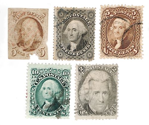 STAMPS: Five Early US, Including 1847 #1