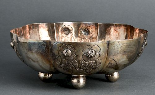 Mexican Sterling Silver Repousse Footed Bowl