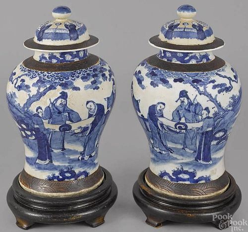 Pair of Chinese blue and white covered urns, 19th