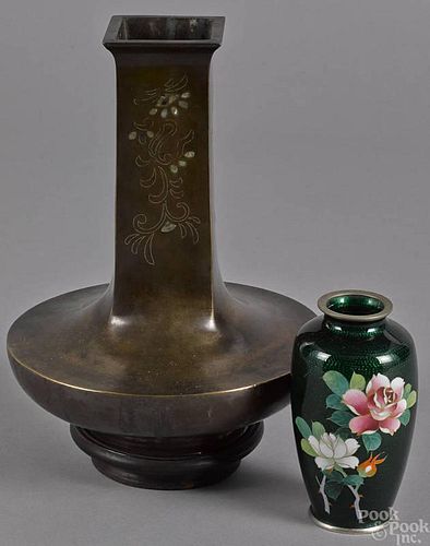 Japanese inlaid bronze vase, 10'' h., together wit
