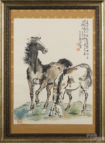 Chinese watercolor of two horses, 21 3/4'' x 16''.