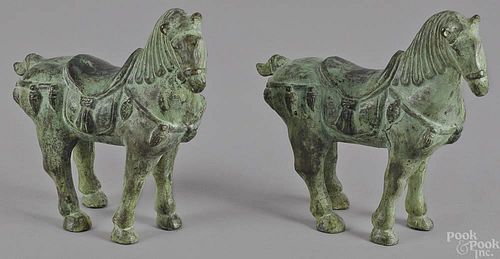Pair of contemporary bronze Chinese horses, 9'' h.
