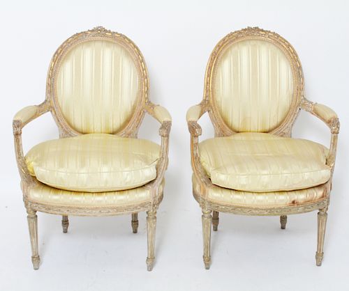 French Louis XVI Style Carved Wood Fauteuils, Pair