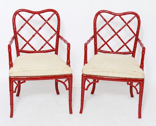 Chinese Red Lacquered Faux-Bamboo Arm Chairs, Pr