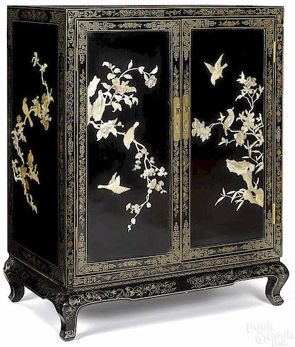 Chinese lacquer cabinet with mother of pearl appl