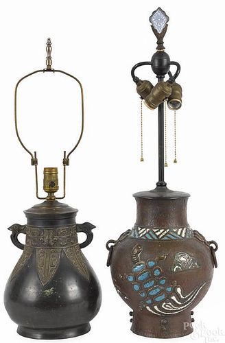 Two bronze table lamps, one with champleve dragon