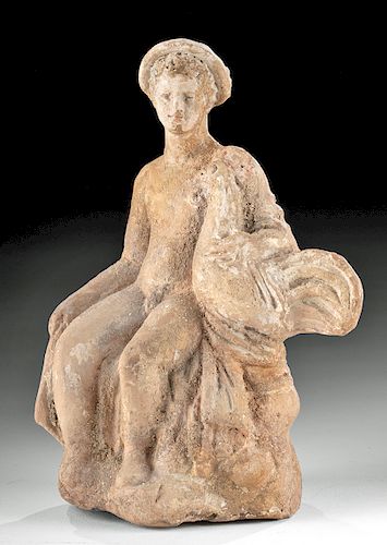 Greek Hellenistic Pottery Seated Boy w/ Rooster