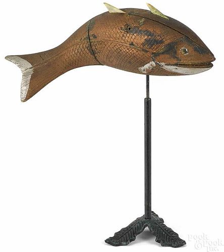 Carved and painted fish, 19th c., with bone fins,