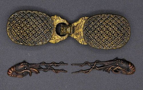 18th c. Chinese brass buckle & Pair of Menuki