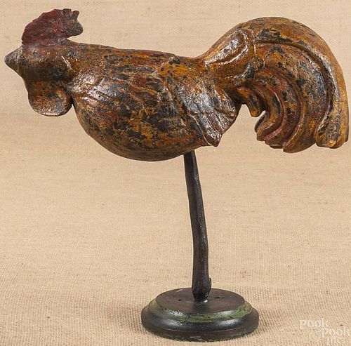 Carved and painted rooster in stand, 19th c., 14