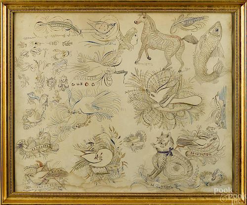Pen and ink calligraphy sampler, 19th c., depicti