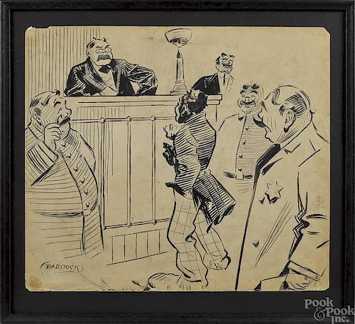 Pen and ink drawing of a courtroom scene, signed