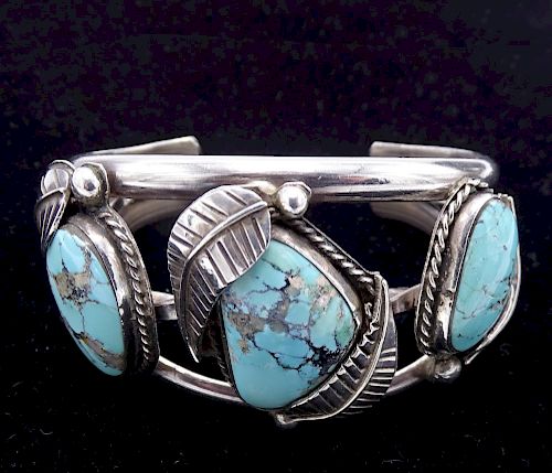 SGN. NATIVE AMERICAN STERLING SILVER & TURQUOISE CUFF BRACELET