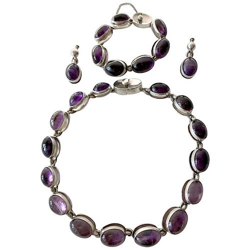 Rare Antonio Pineda Sterling Silver Amethyst Mexican Modernist Jewelry Suite