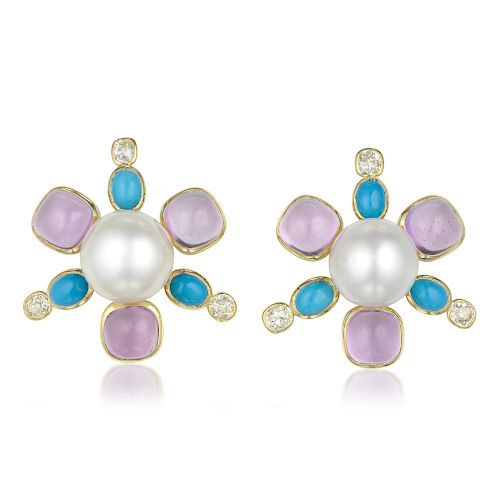 Cultured South Sea Pearl Amethyst Turquoise and Diamond Earrings