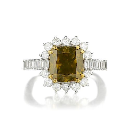 4.35-Carat Fancy Dark Brown-Greenish Yellow Cushion-Shaped Diamond Ring